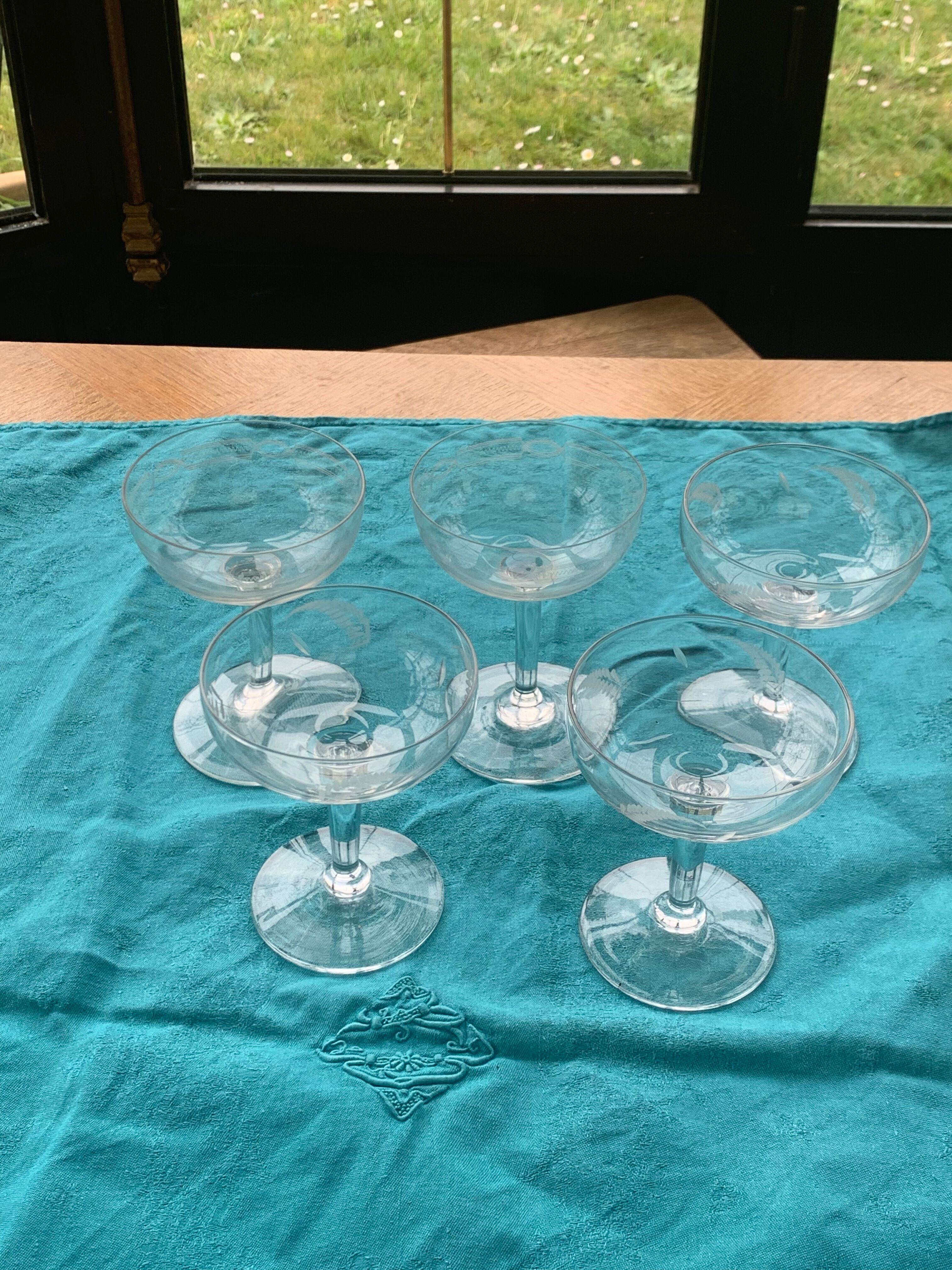 5 vintage mismatched champagne glasses