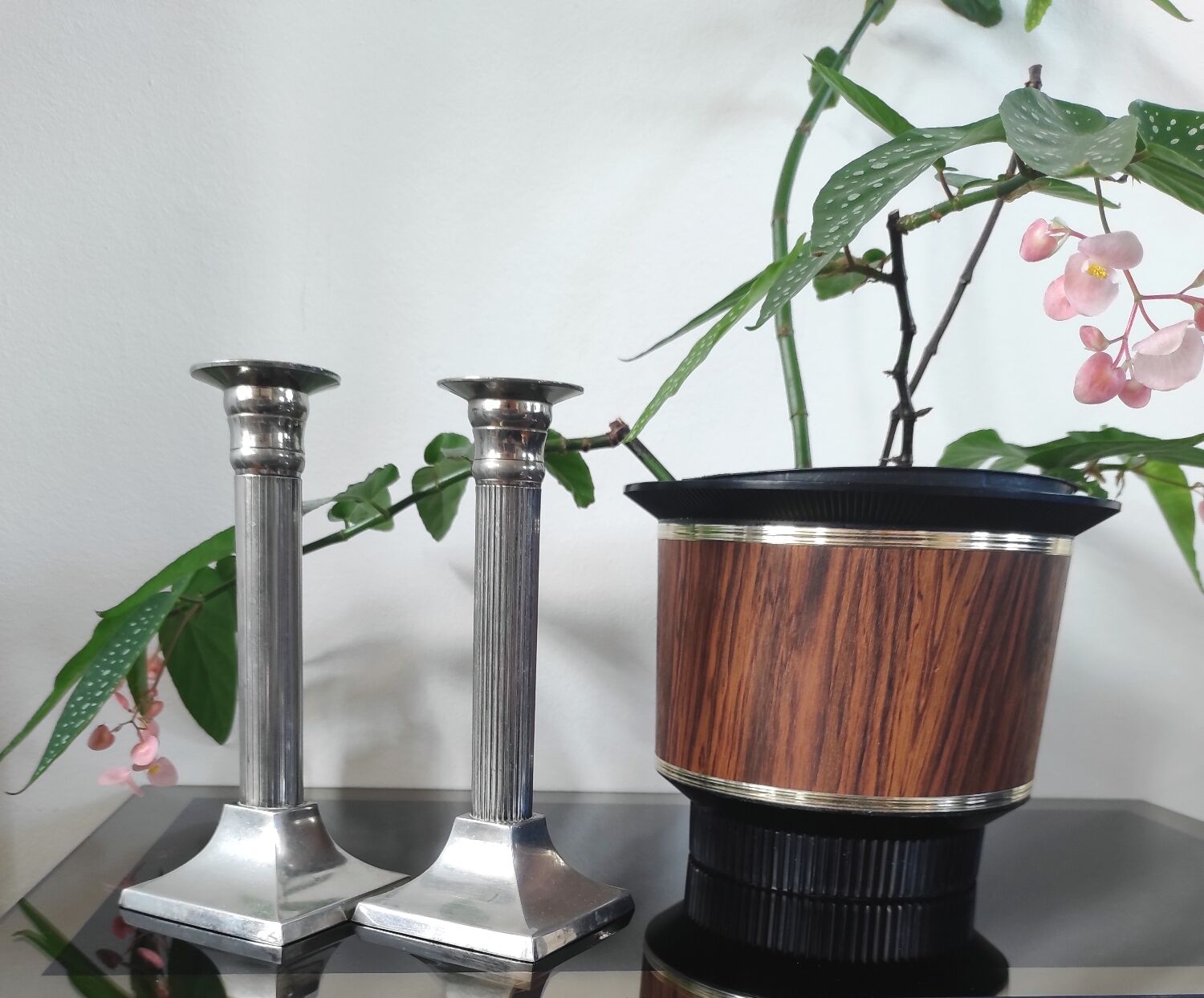Pair of vintage silver column candlesticks
