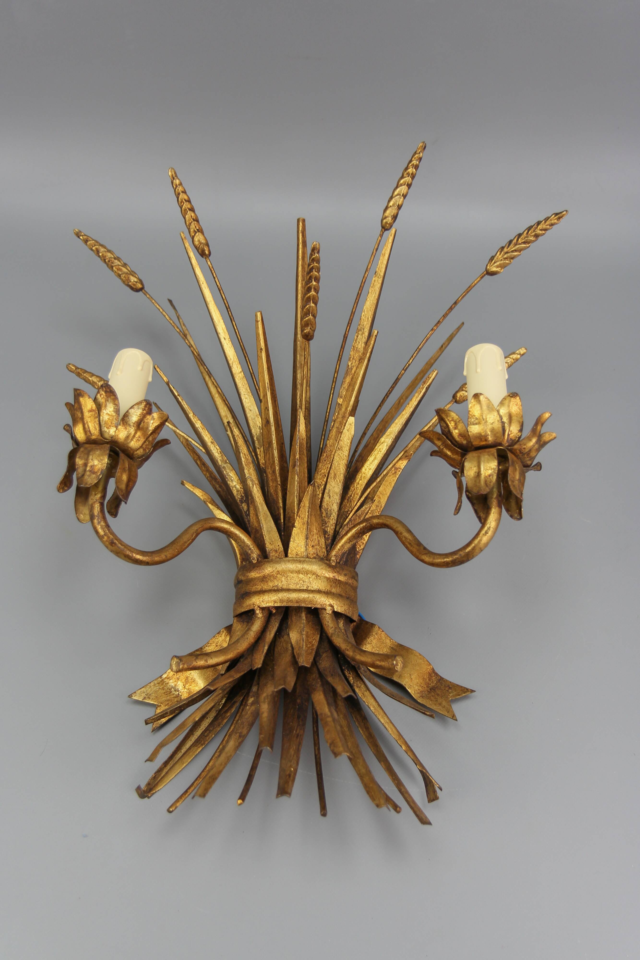 Gilt metal wheat sheaf two-light wall sconce