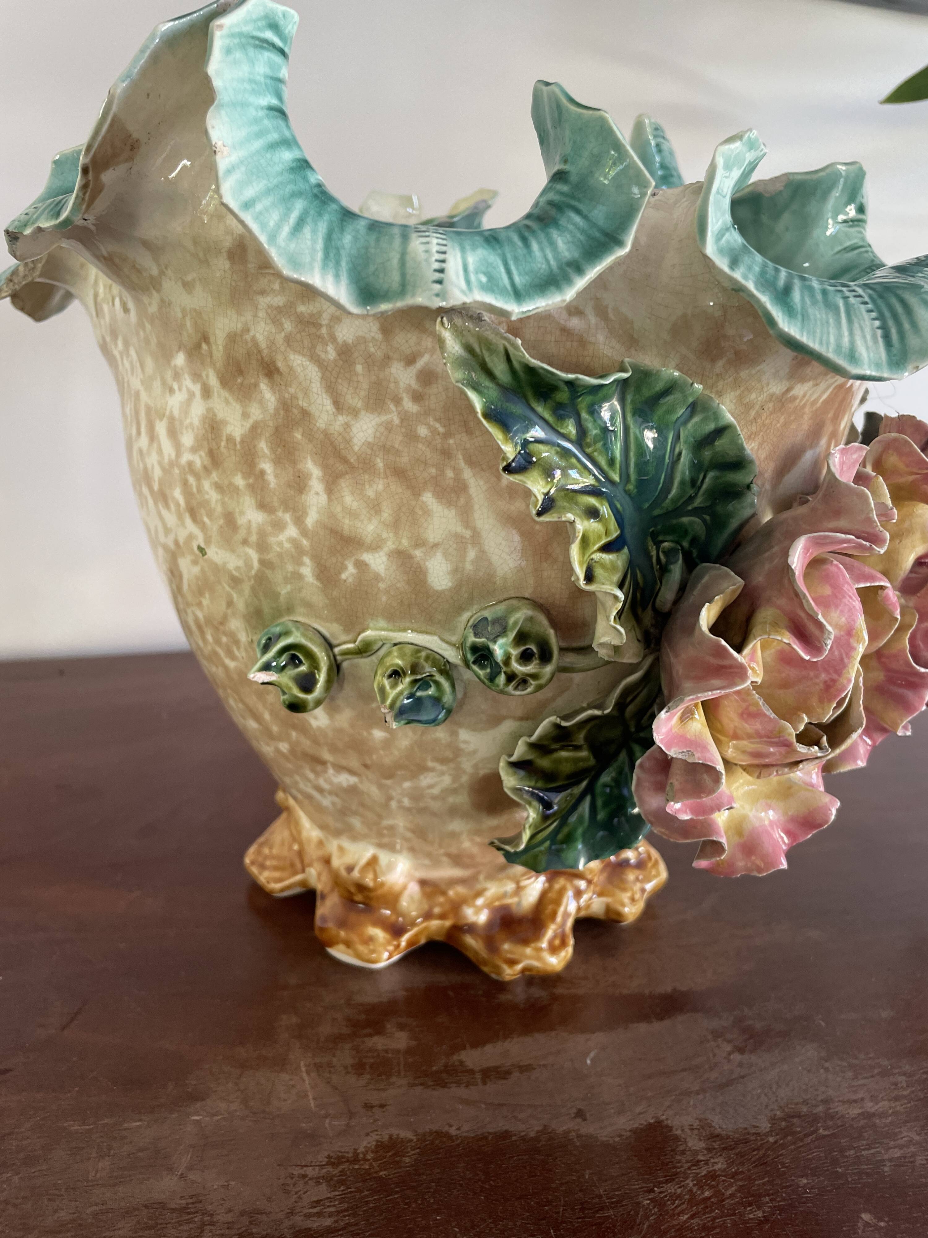 Large antique planter in majolica – relief floral decoration