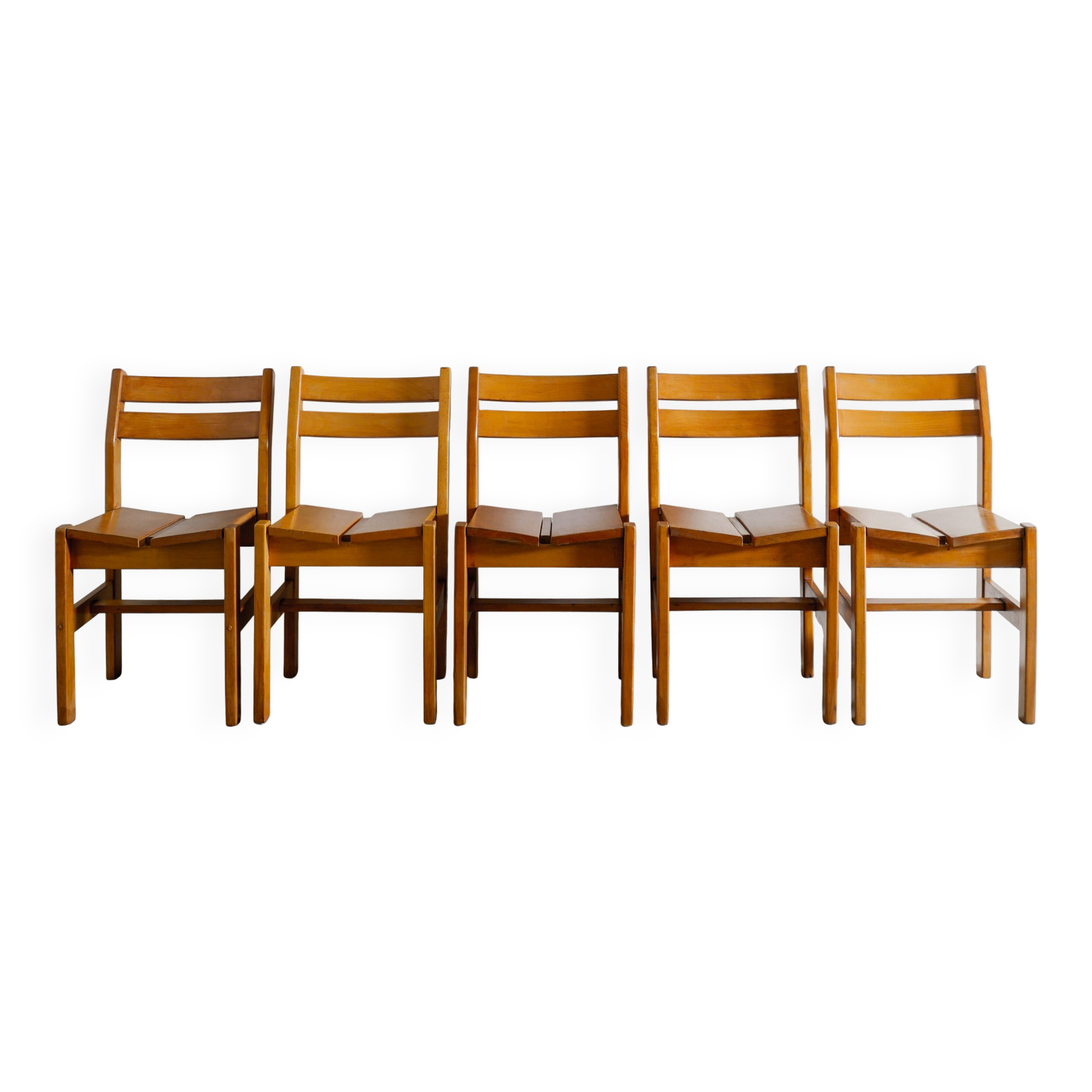 Set of 5 French Vintage Mid Century Dining Chairs in Elm, 1960s