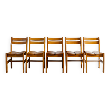 Lot de 5 chaises de salle à manger vintage françaises du milieu du siècle en orme, années 1960
