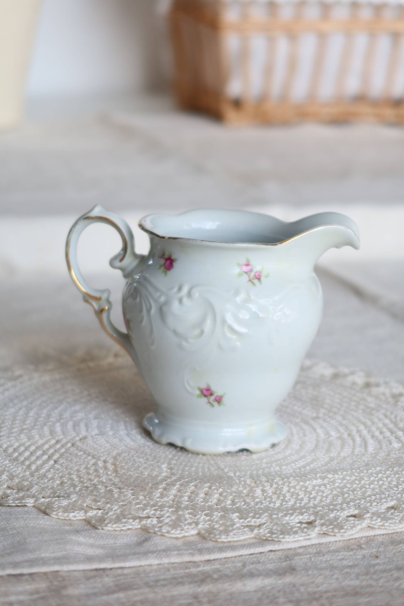 Vintage white porcelain milk jug – Romantic floral pattern