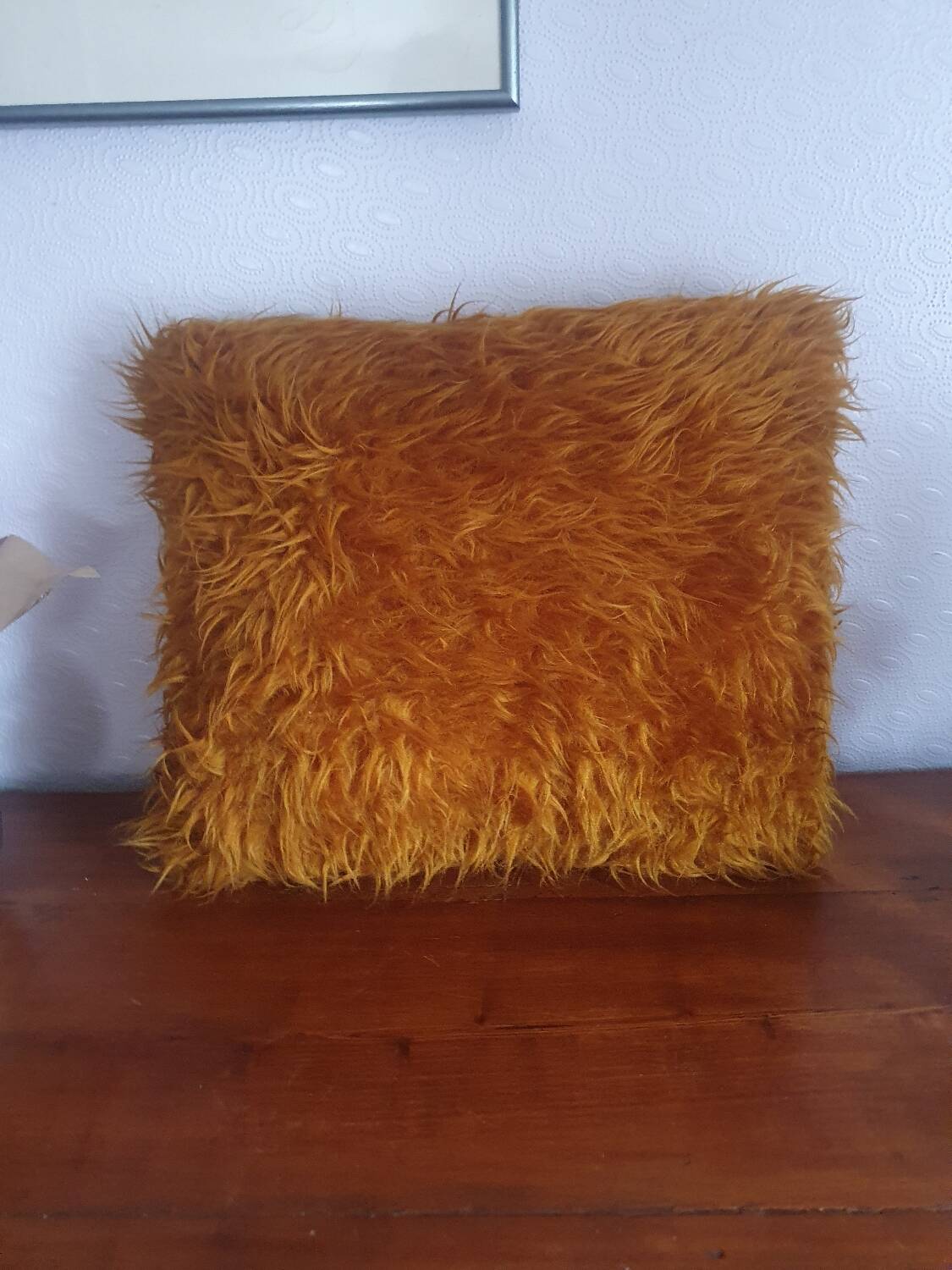 Faux fur cushion mustard yellow orange mustard vintage 70's