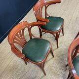 Set of 4 wooden bistro armchairs with green leatherette trim from the 80s, France