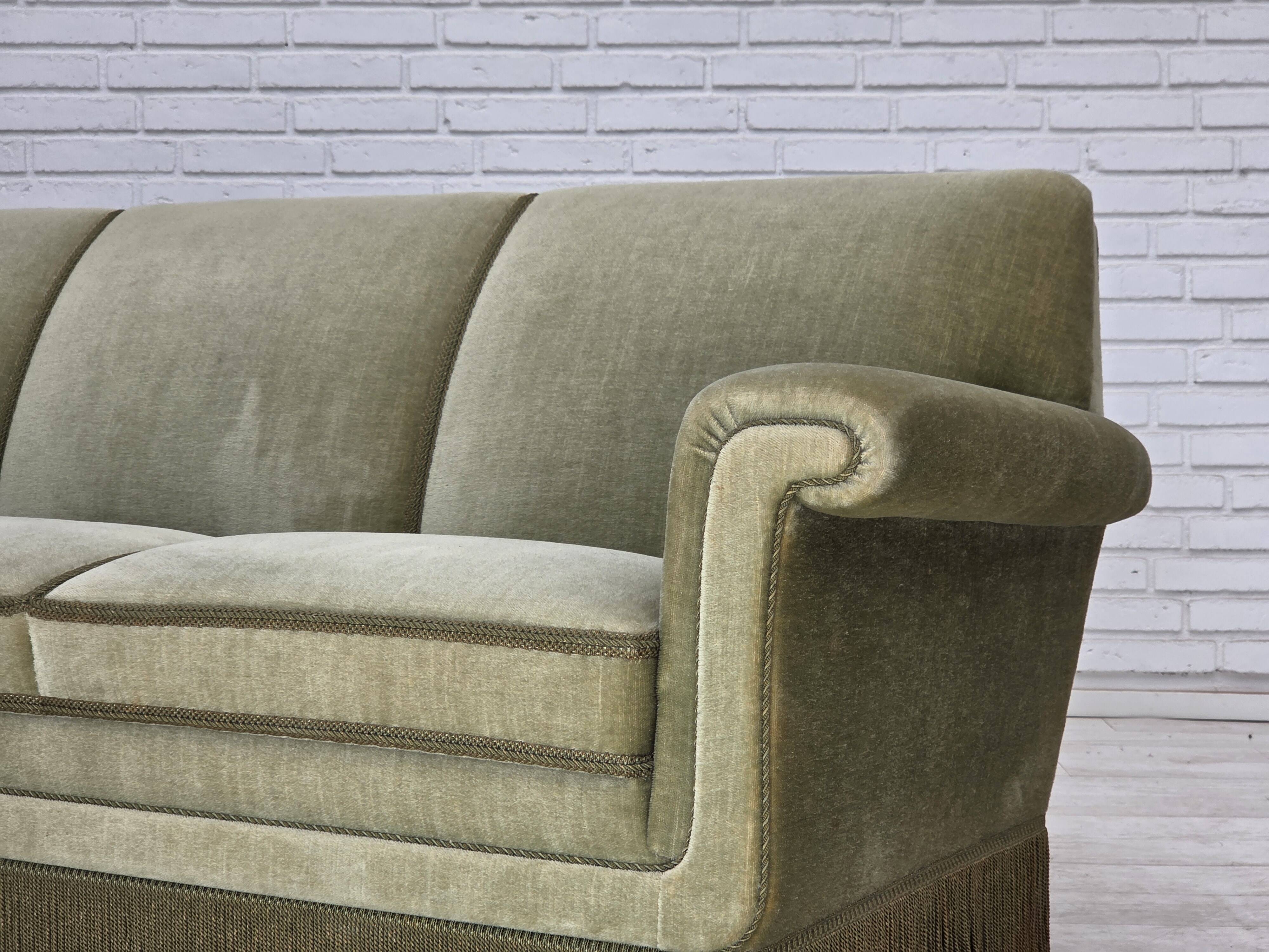 1970s, Danish 3-seater sofa, green furniture velour, beech wood.