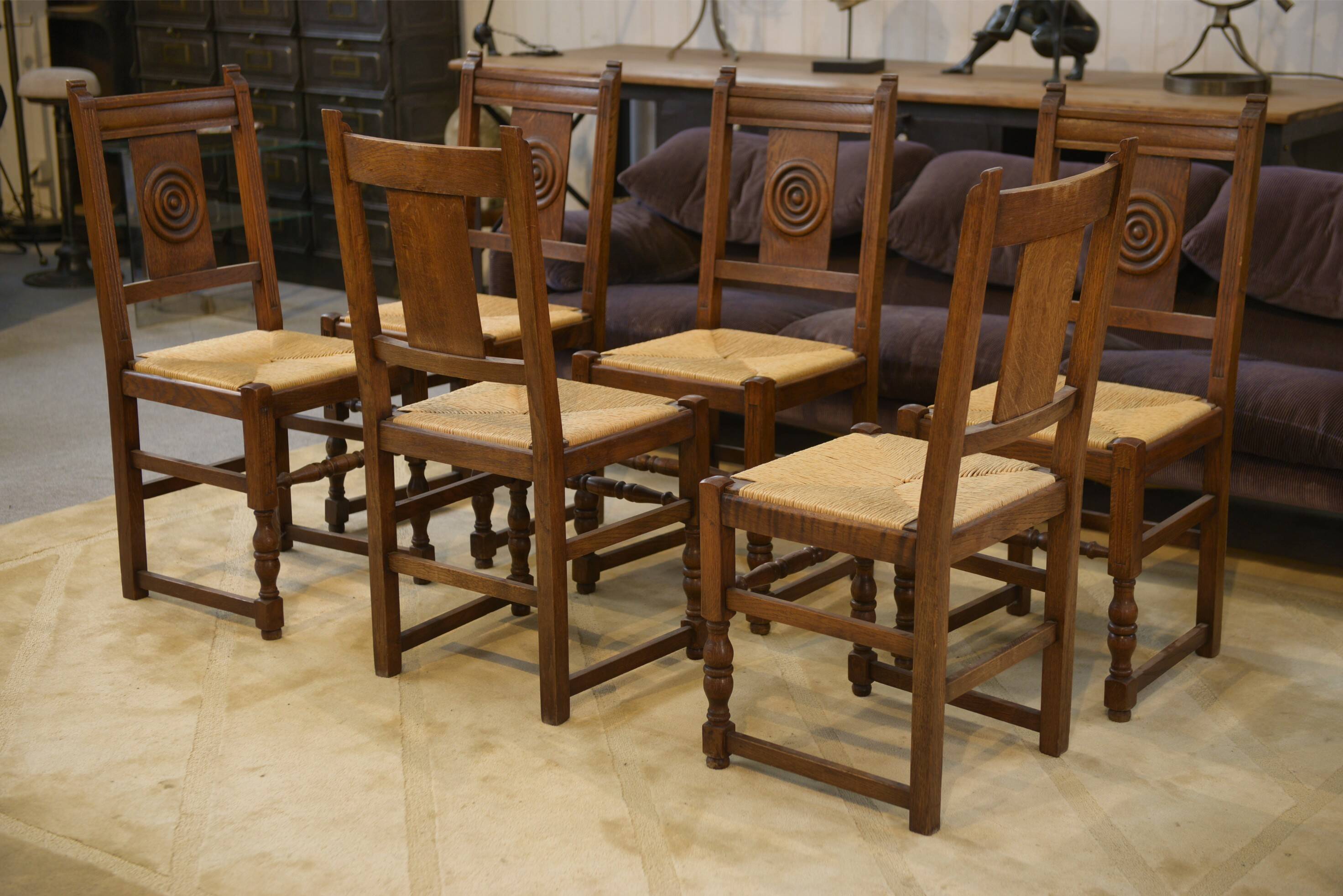 Set of 6 brutalist oak chairs from the 1950s.