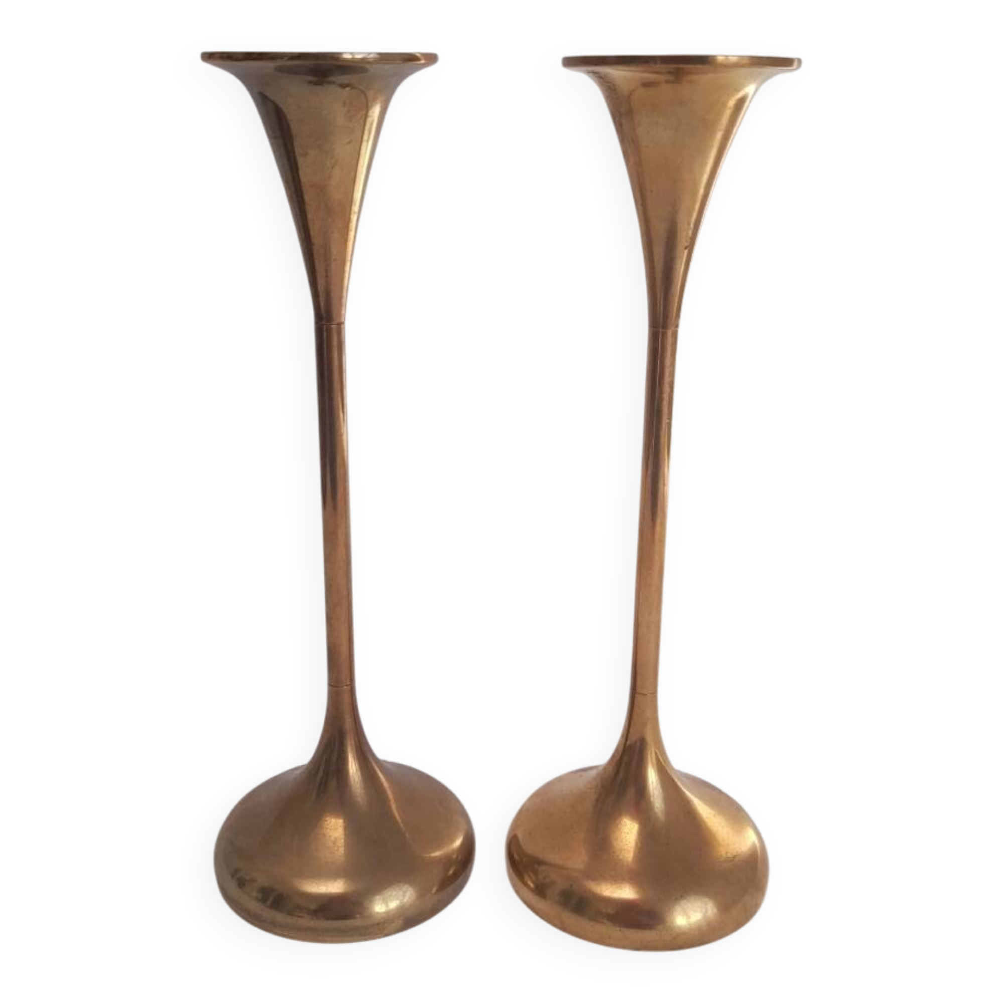 Pair of trumpet candlesticks in brass, Danish design.