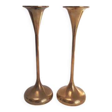 Pair of trumpet candlesticks in brass, Danish design.