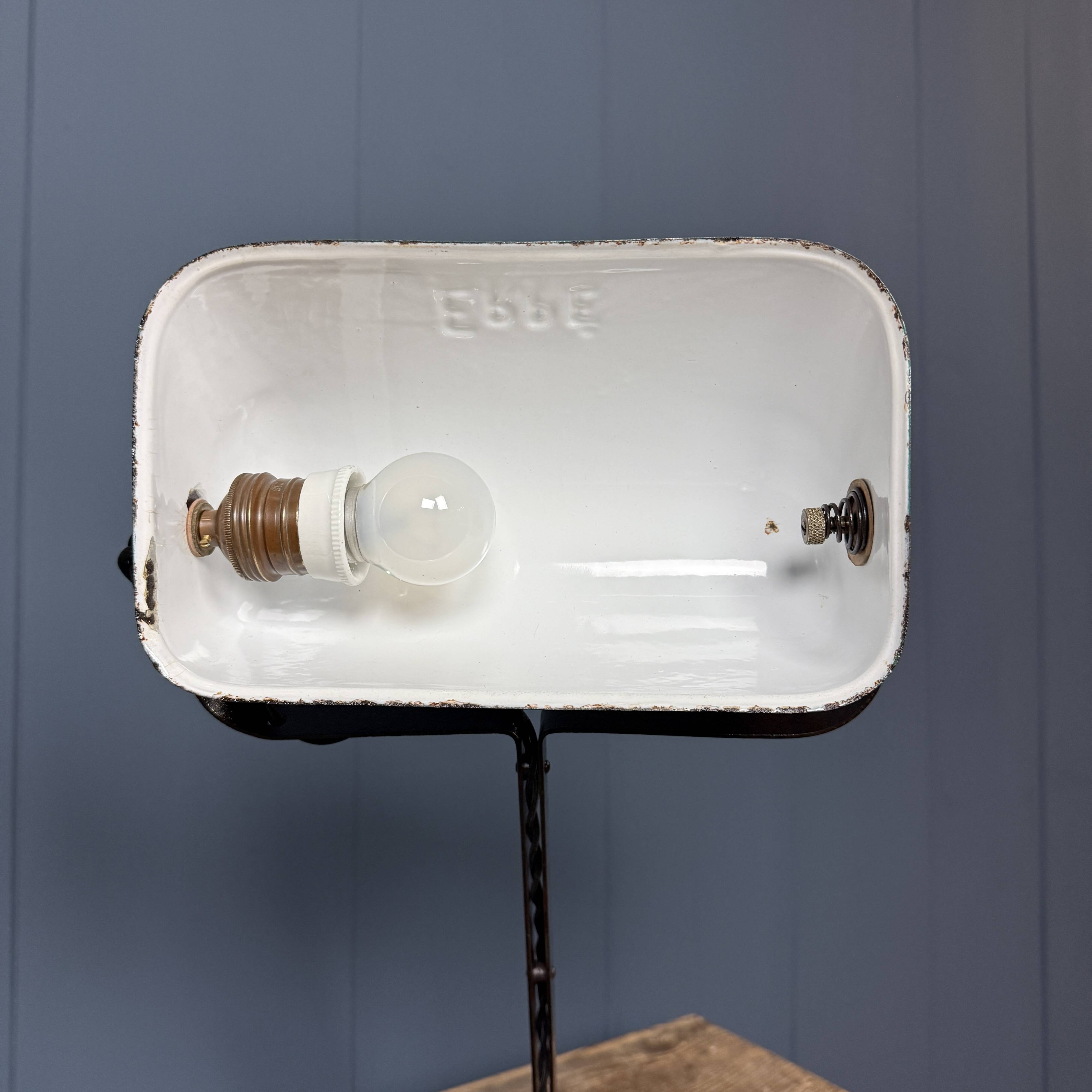 Erpé banker’s lamp with a turquoise enamel shade.