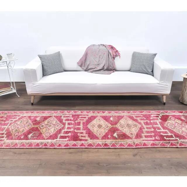 Vintage Pink Geometric Turkish Hand-Knotted Runner 80x361