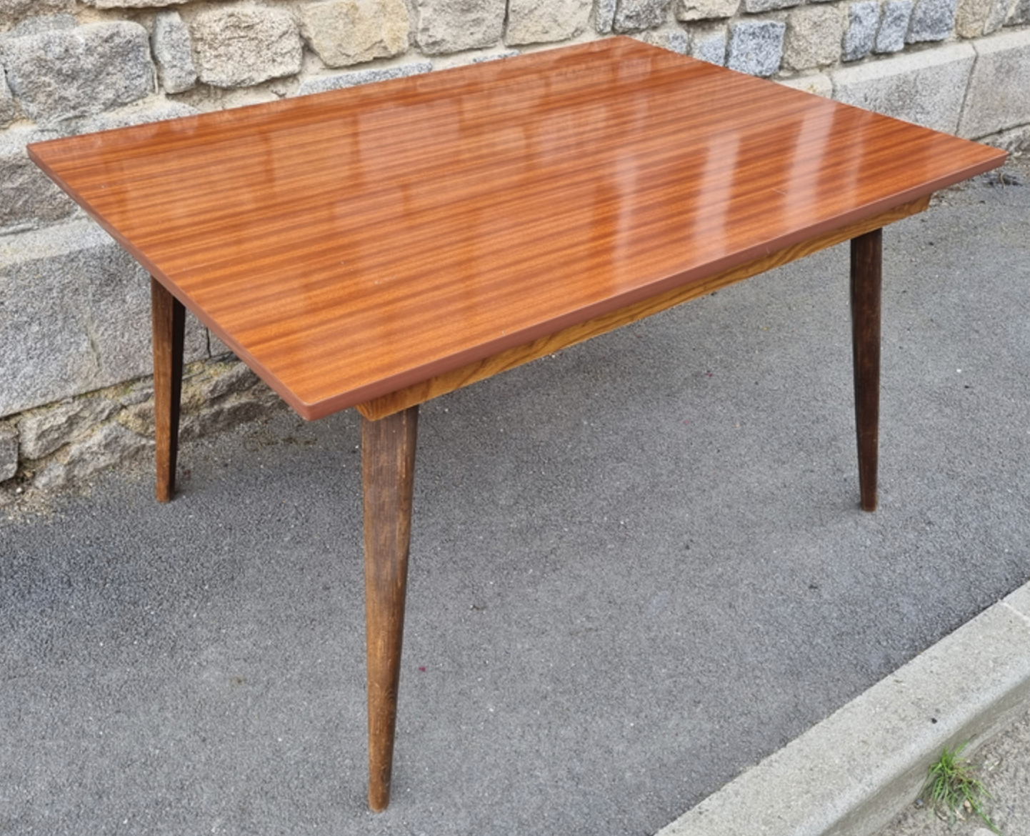 Dining room table, formica, wooden compass legs, 50s