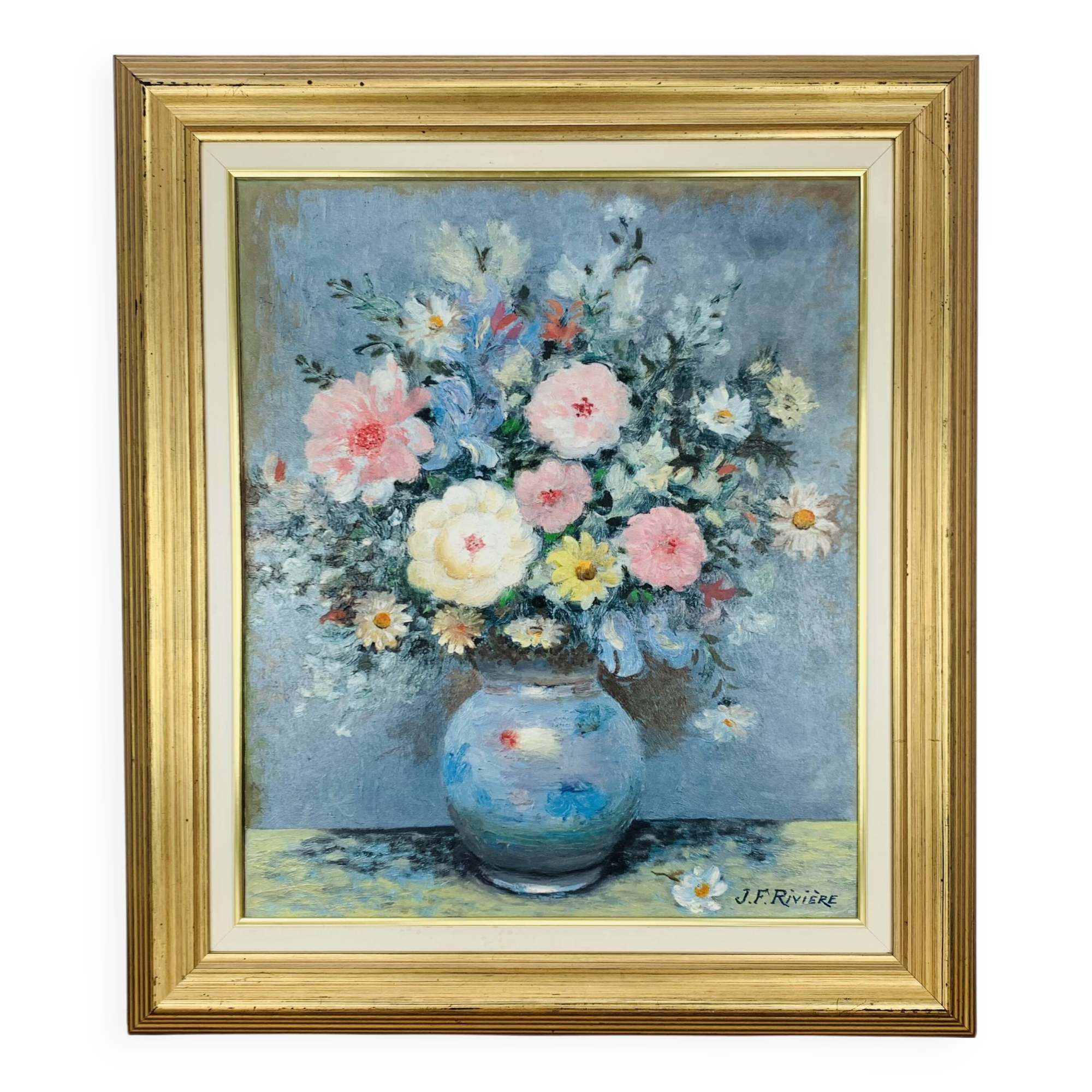 Still life painting of a bouquet of flowers, golden frame