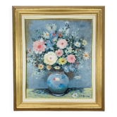 Still life painting of a bouquet of flowers, golden frame