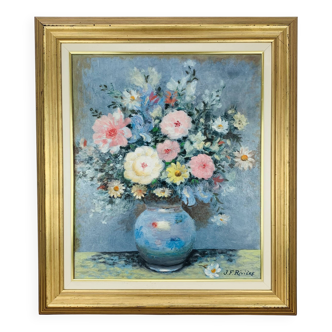 Tableau nature morte bouquet de fleurs, cadre doré