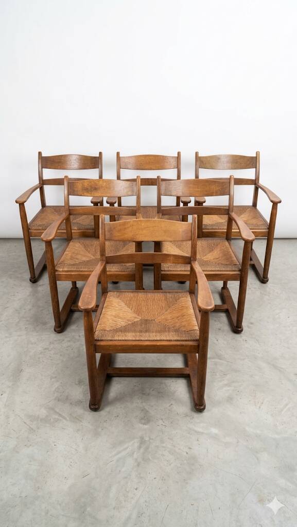 Set of 6 Brutalist dining chairs in Mid-century oak.