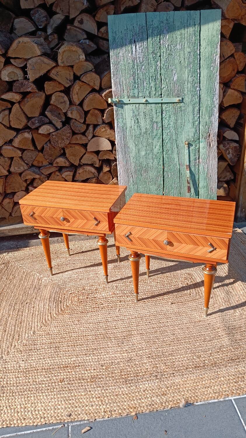 Pair of cherry wood marquetry bedside tables