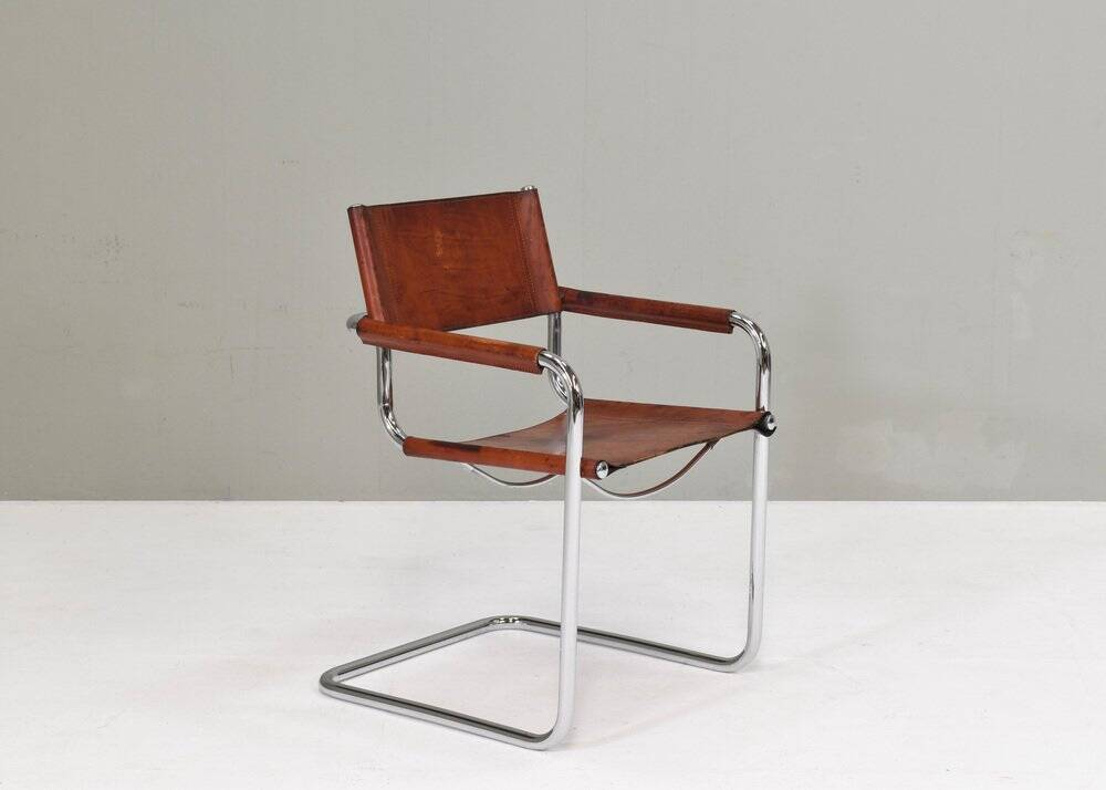 S34 dining armchair in cognac saddle leather by Mart Stam for Fasem, 1970s