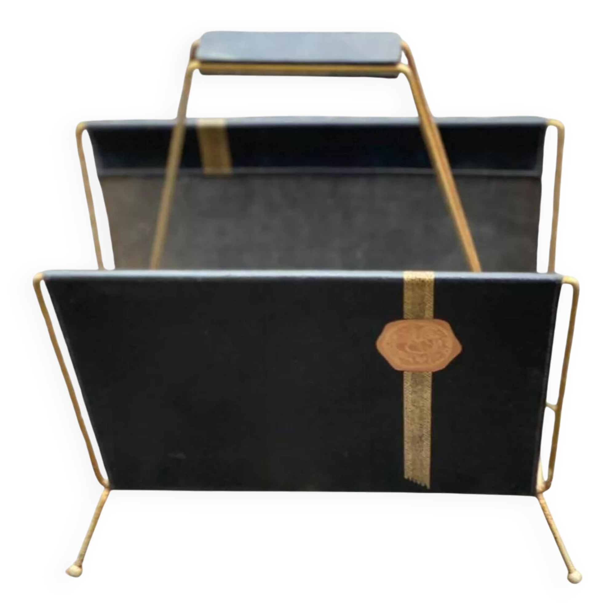 Vintage magazine rack in black leather and gold metal