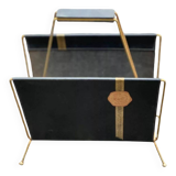 Vintage magazine rack in black leather and gold metal