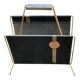 Vintage magazine rack in black leather and gold metal