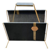 Vintage magazine rack in black leather and gold metal