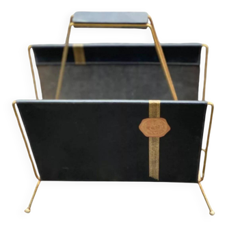 Porte revues porte document vintage en cuir noir et métal doré