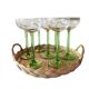 Lot of 7 champagne glasses from the 1970s and a vintage wicker and glass tray.