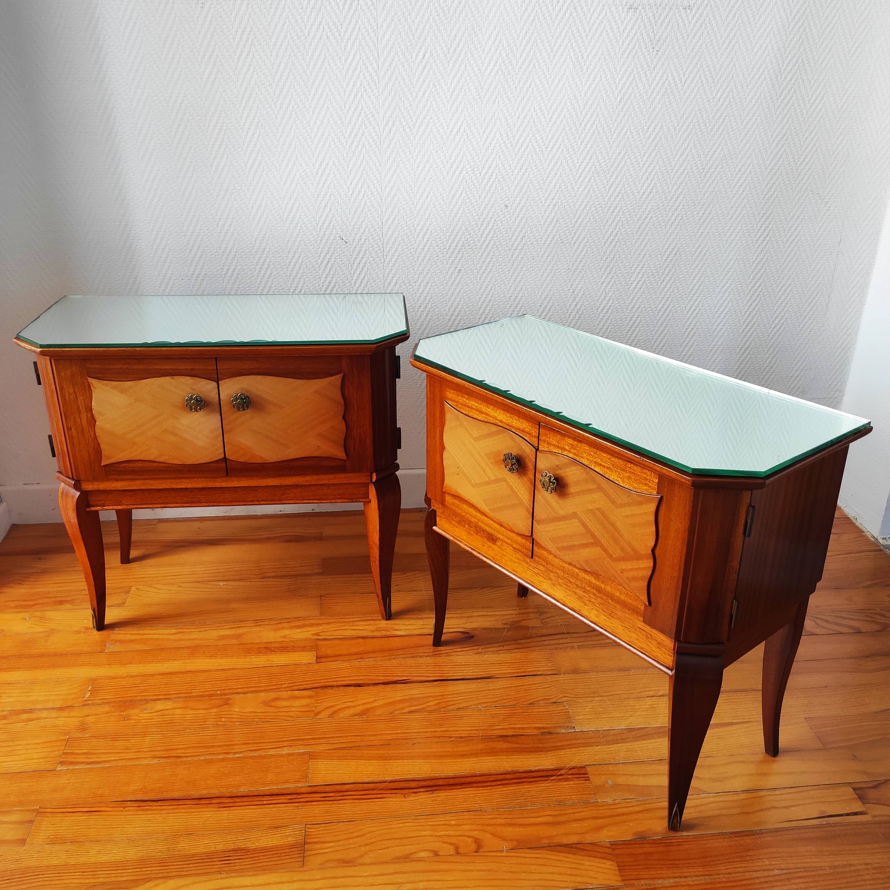 Pair of Art Deco bedside tables, mirrored top.