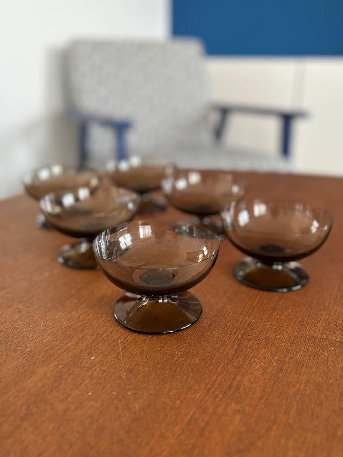 Set of 6 Vintage 1970s French Bistro Style Smoked Glass Sorbet Ice Cream Cups