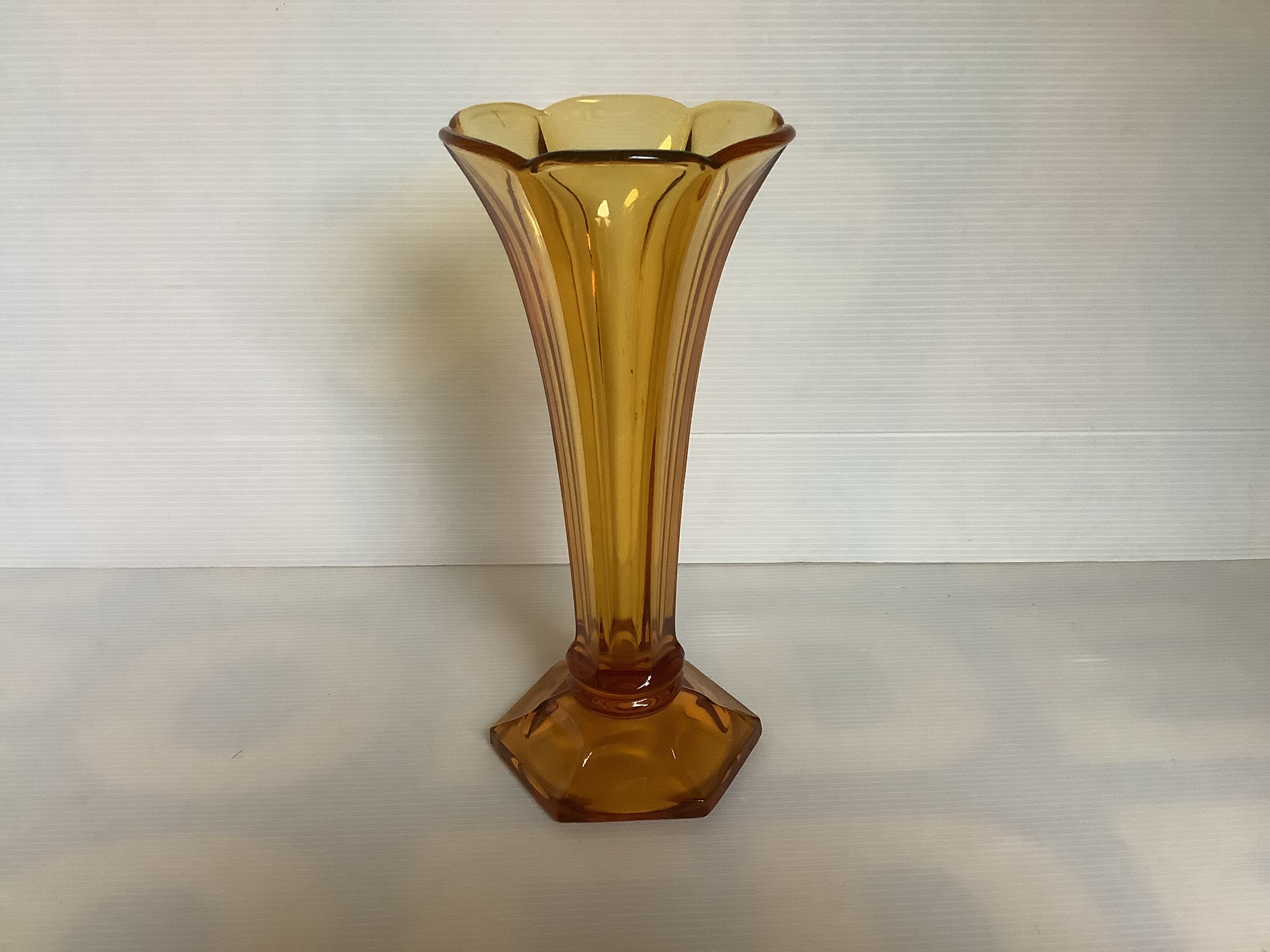 Old flower-shaped vase, moulded yellow glass, Art Deco.