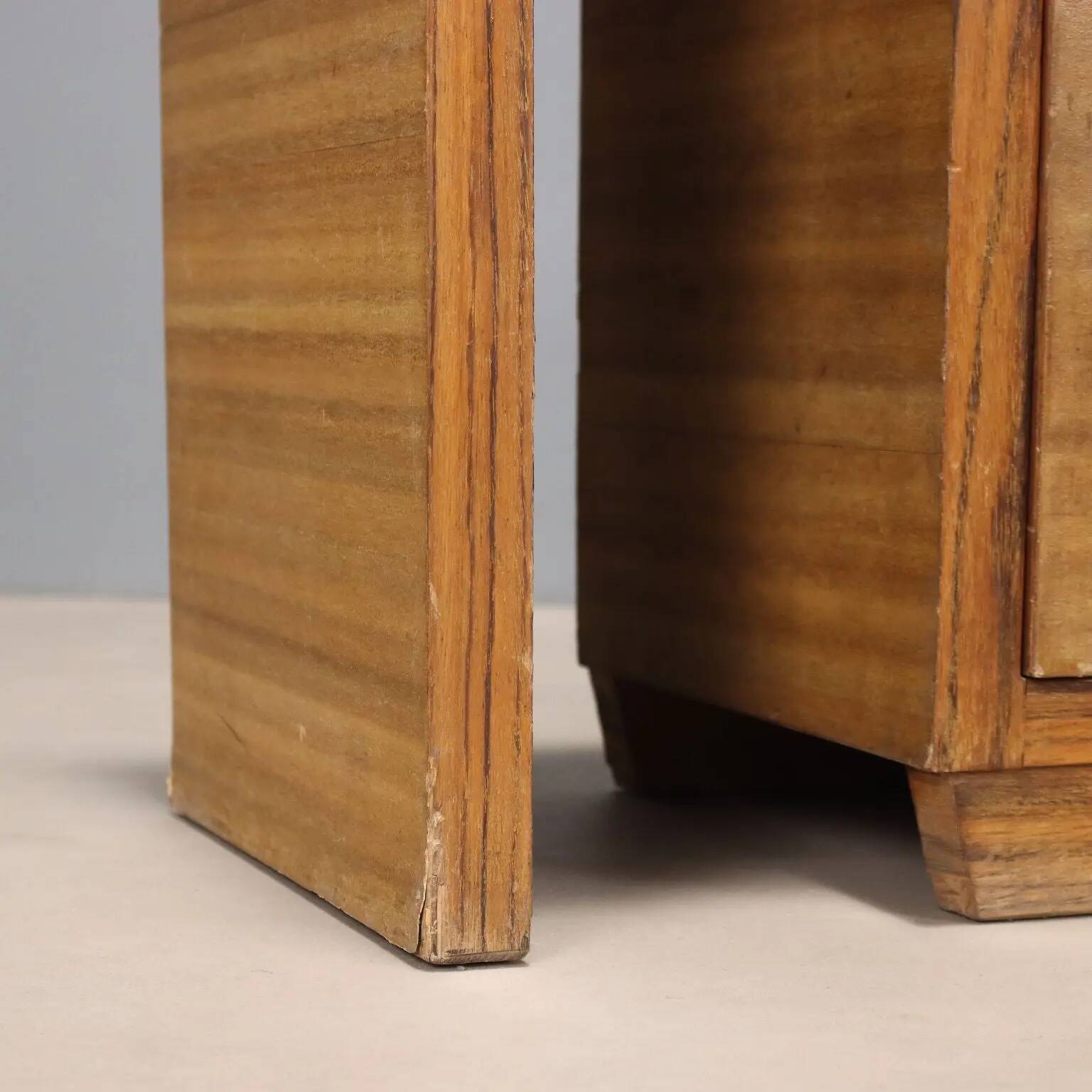 Vintage bedside table in exotic wood veneer, 1930s-1940s design.