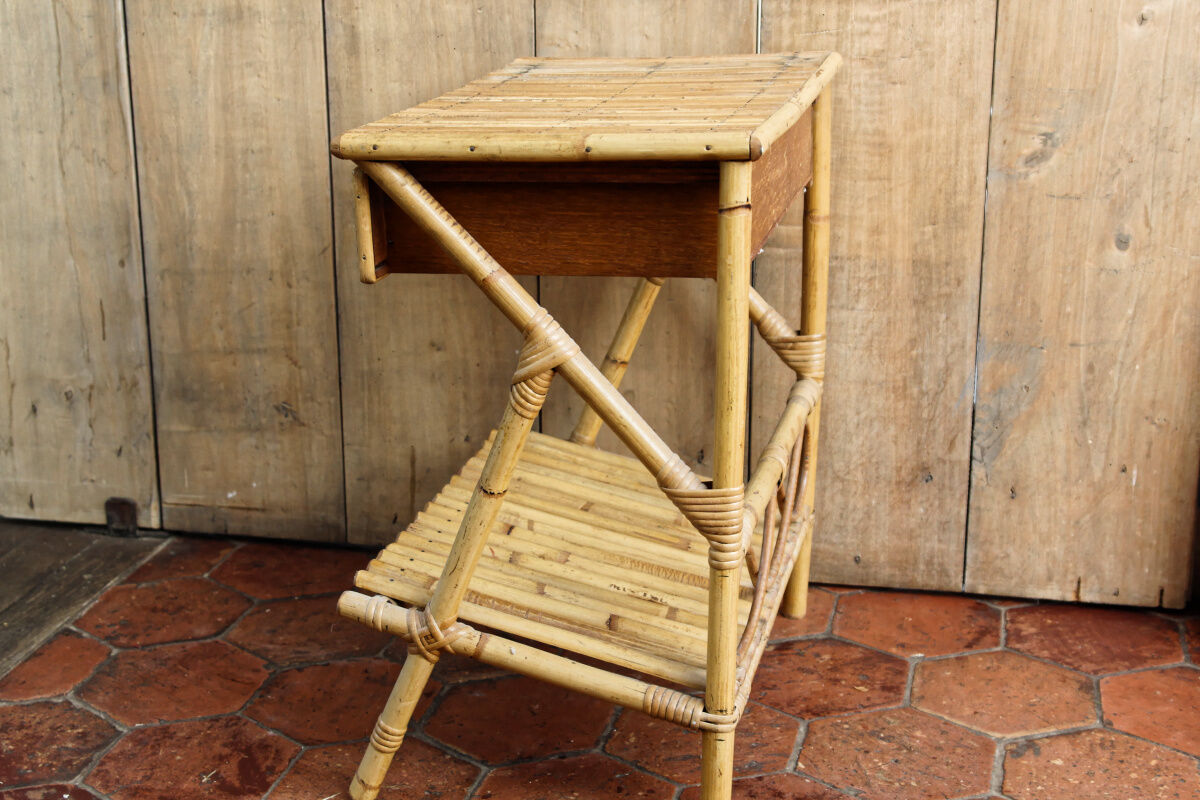 Vintage bedside table, rattan and bamboo