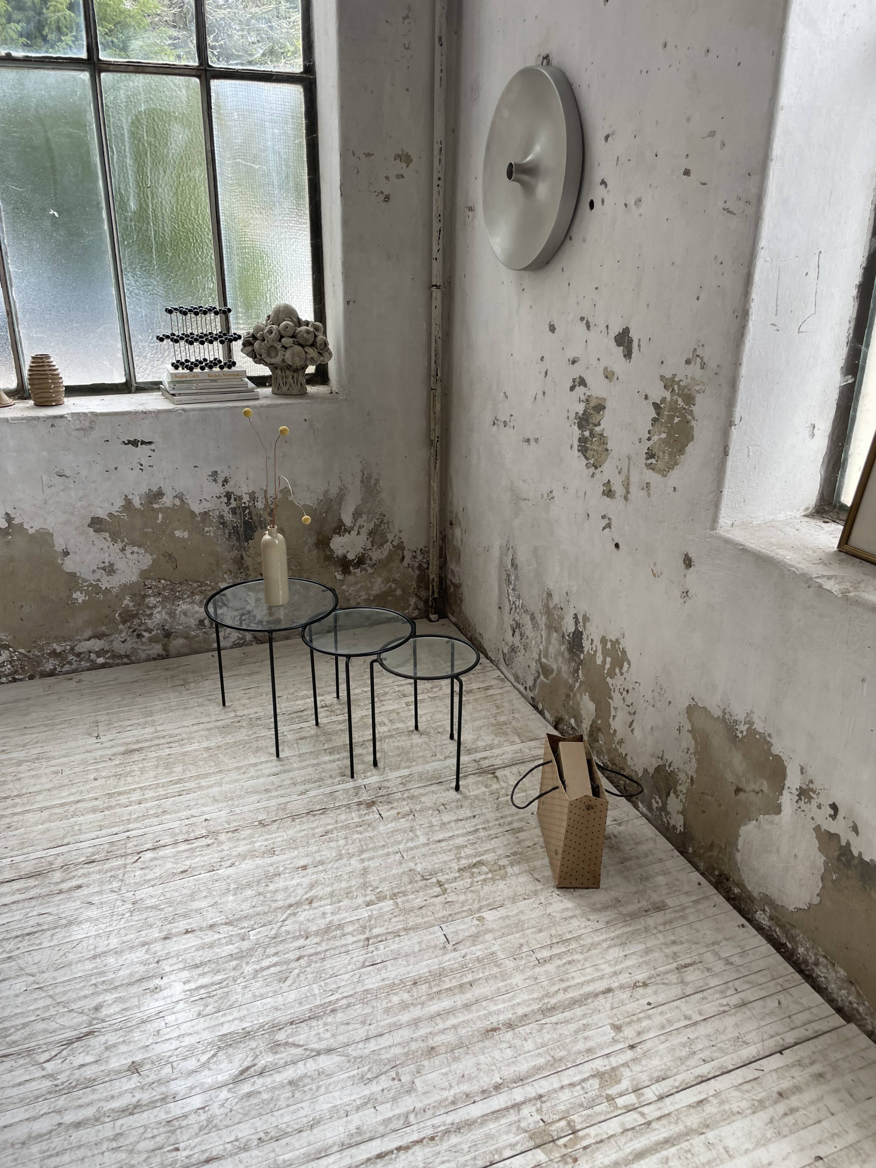 50s metal and glass nesting coffee tables