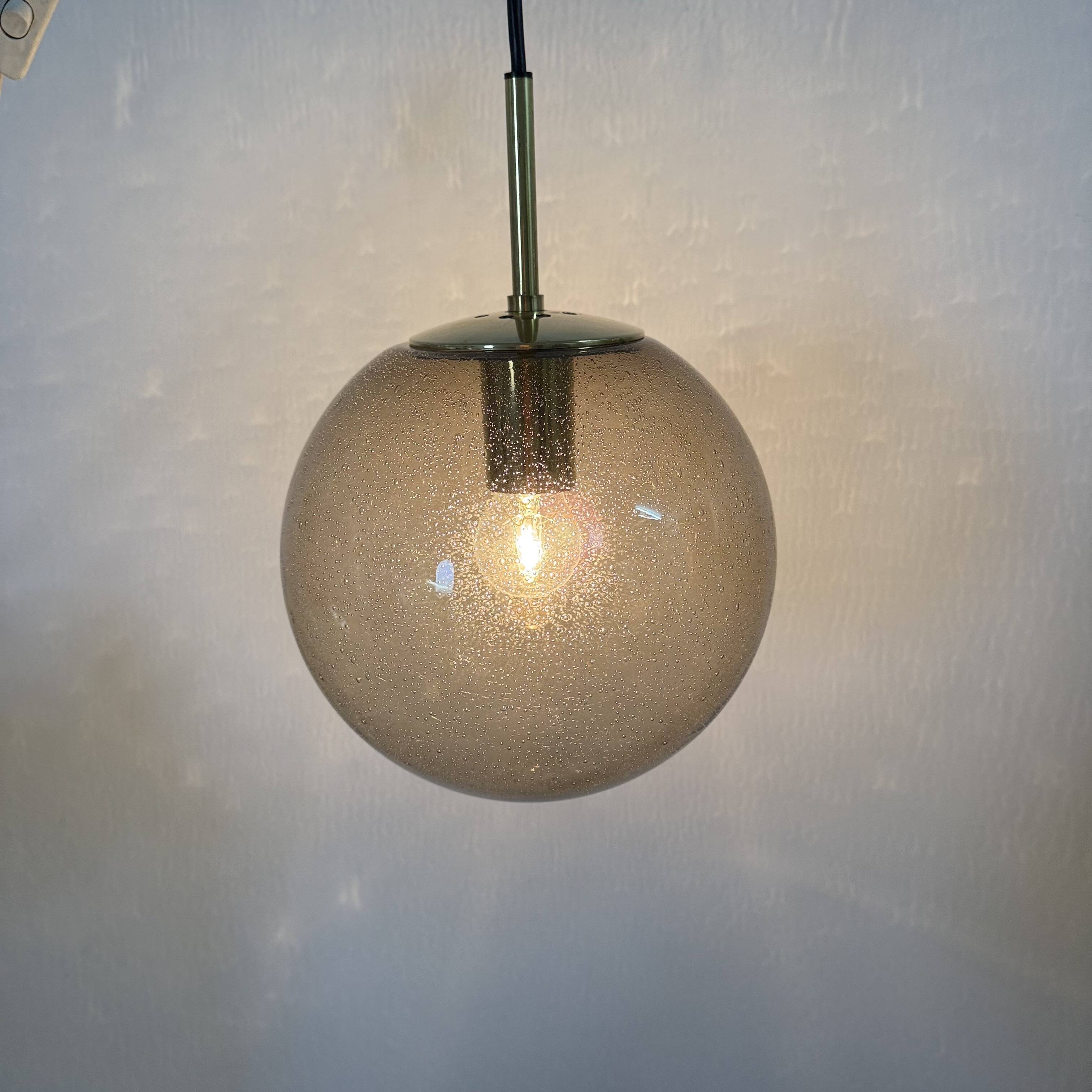 Limburg Glashütte brass smoked glass ball pendant hanging lamp , 1970s