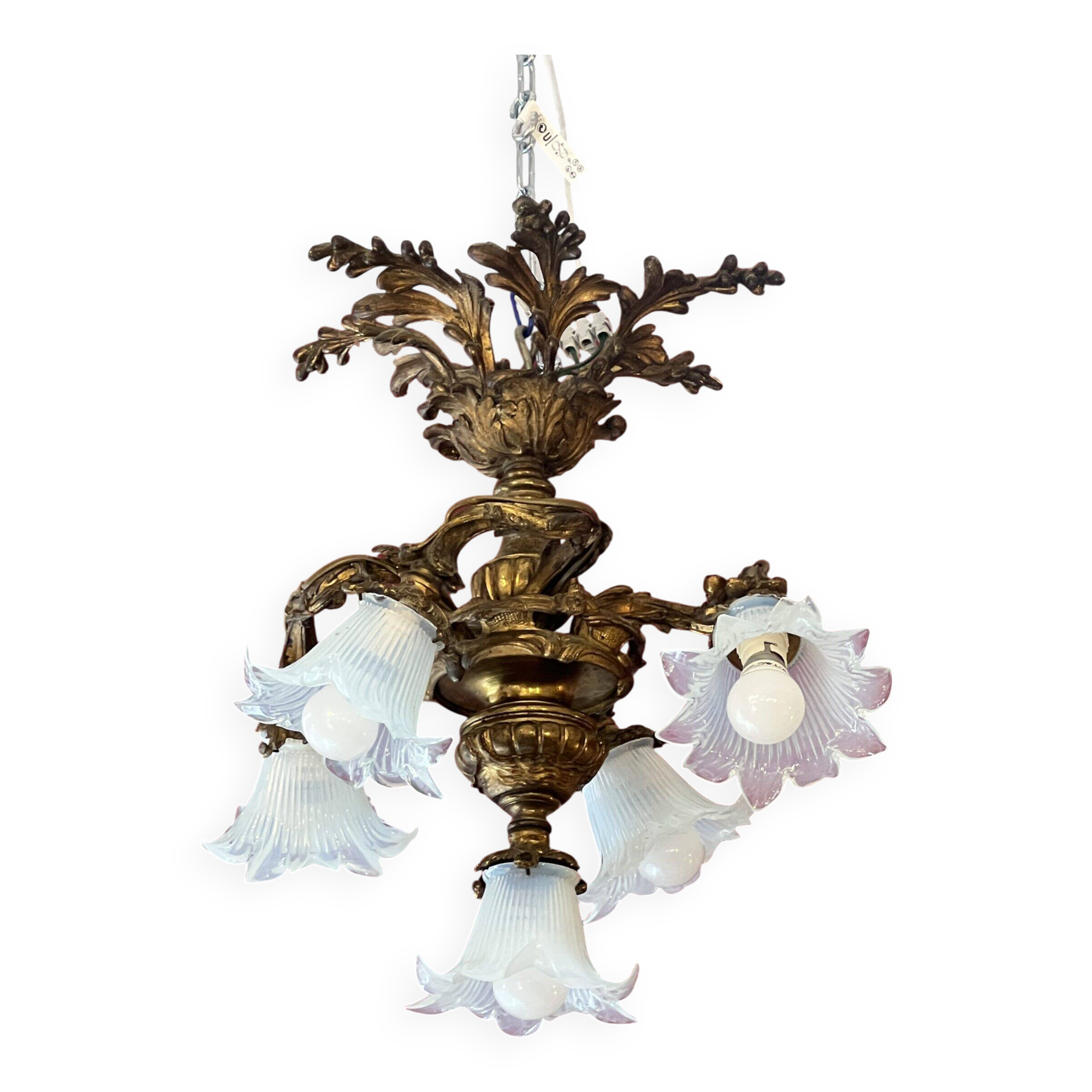 Solid bronze chandelier with moving arms, 19th century, opalescent tulips