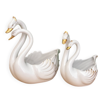Duo de caches pots vintage - Cygnes en céramique