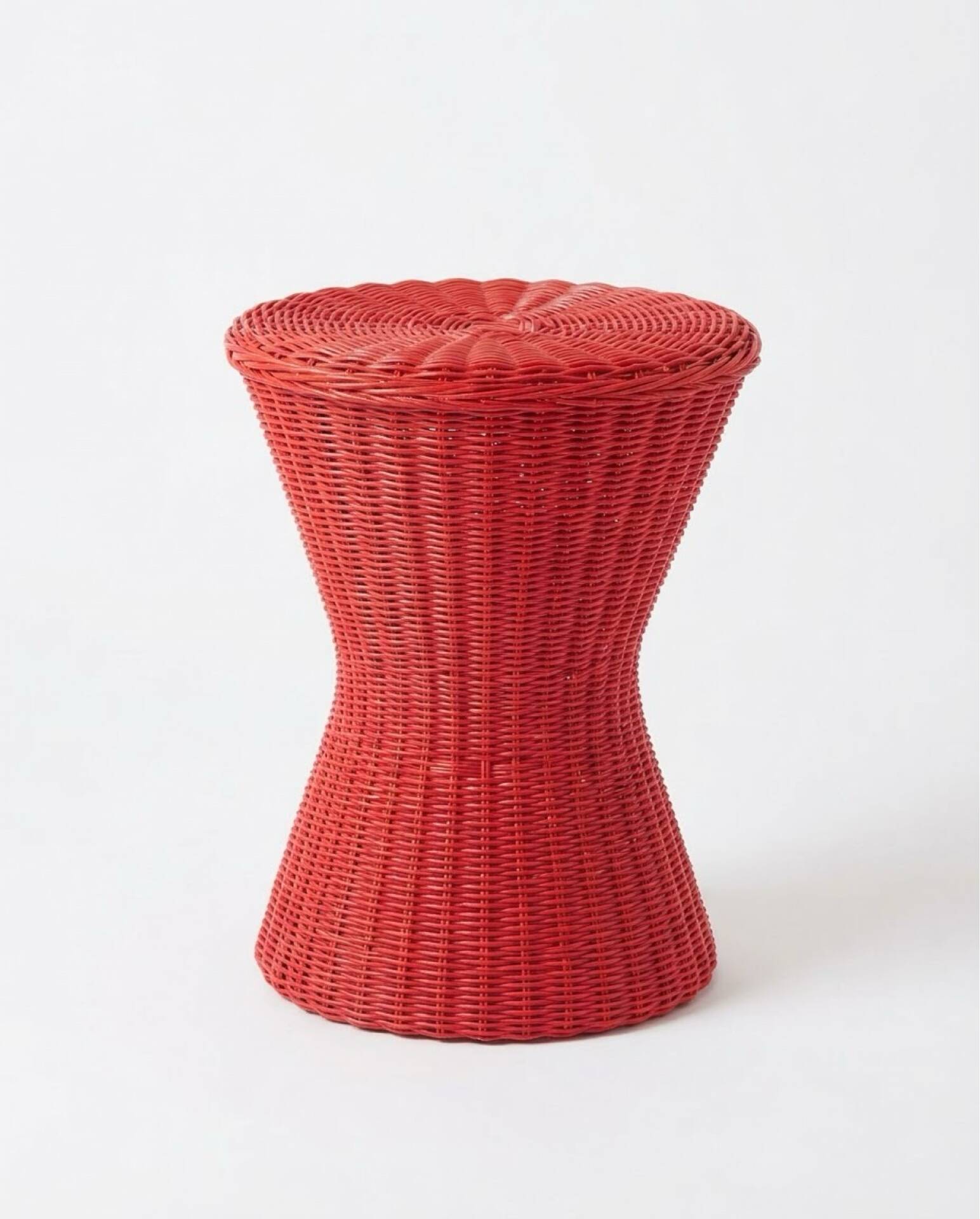 Vintage hourglass stool in red wicker or woven rattan.