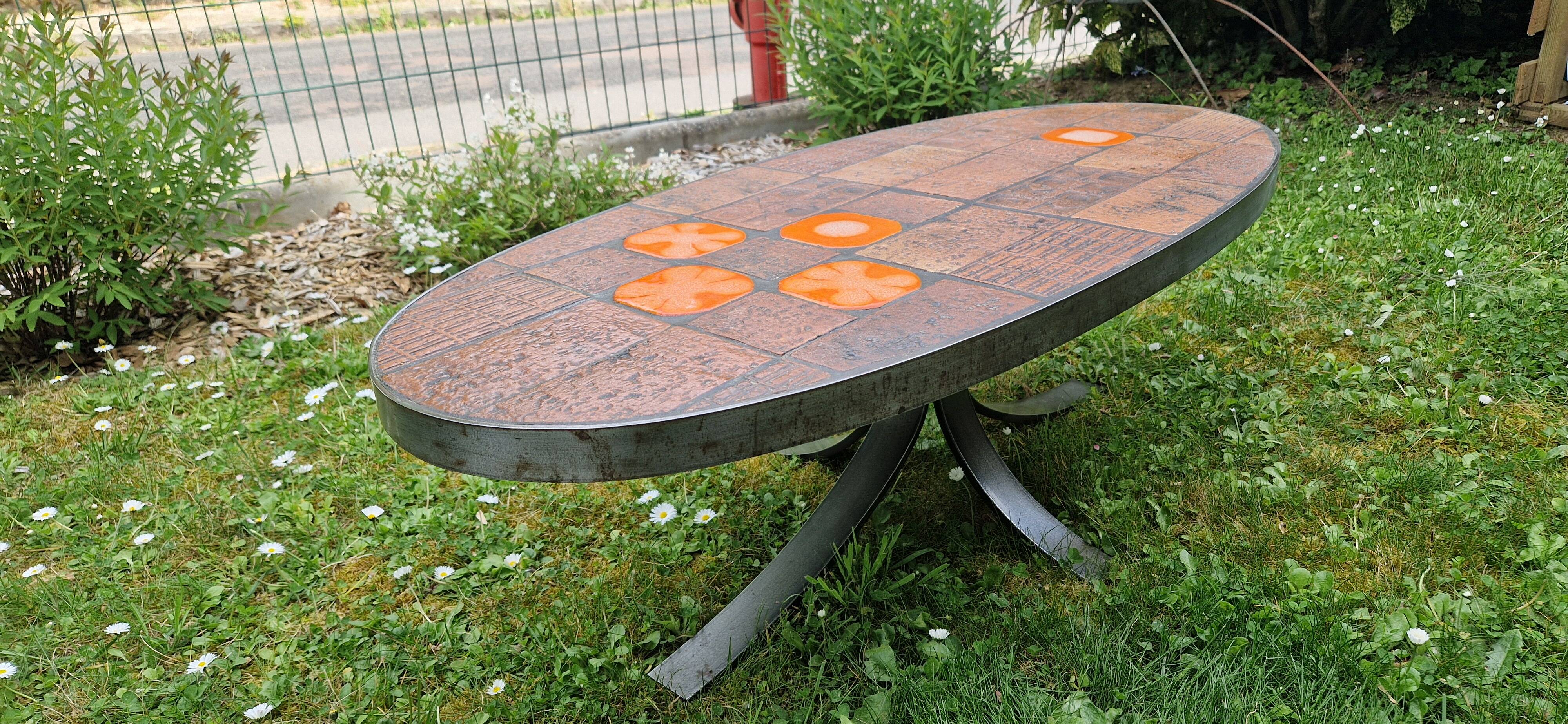 Coffee Table in Lava Stone and Ceramic by Jean Jaffeux