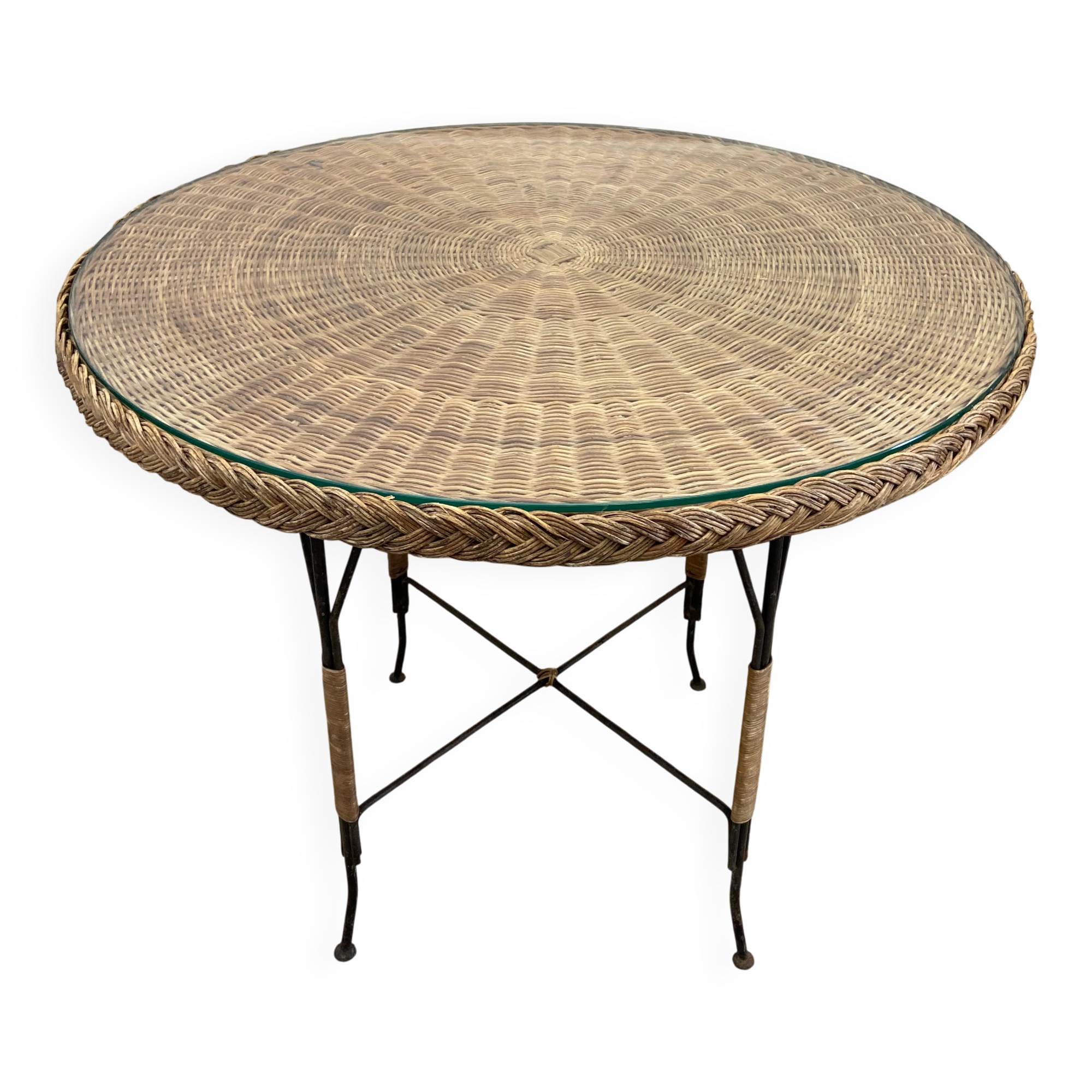 Table en osier Art Déco avec plateau en verre, Allemagne, vers 1920