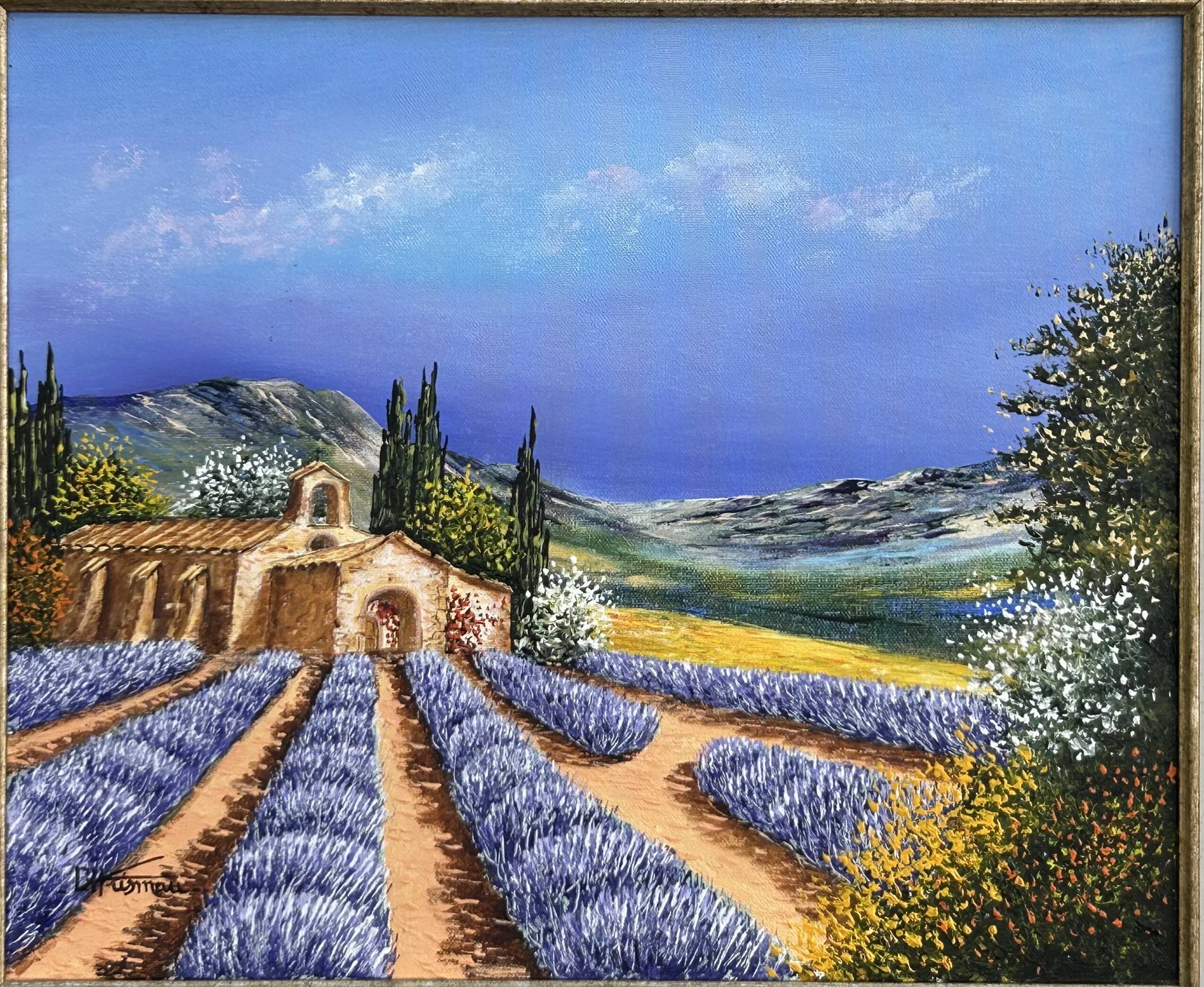 Oil on canvas, Chapel of Provence, lavender fields signed Ehrisman