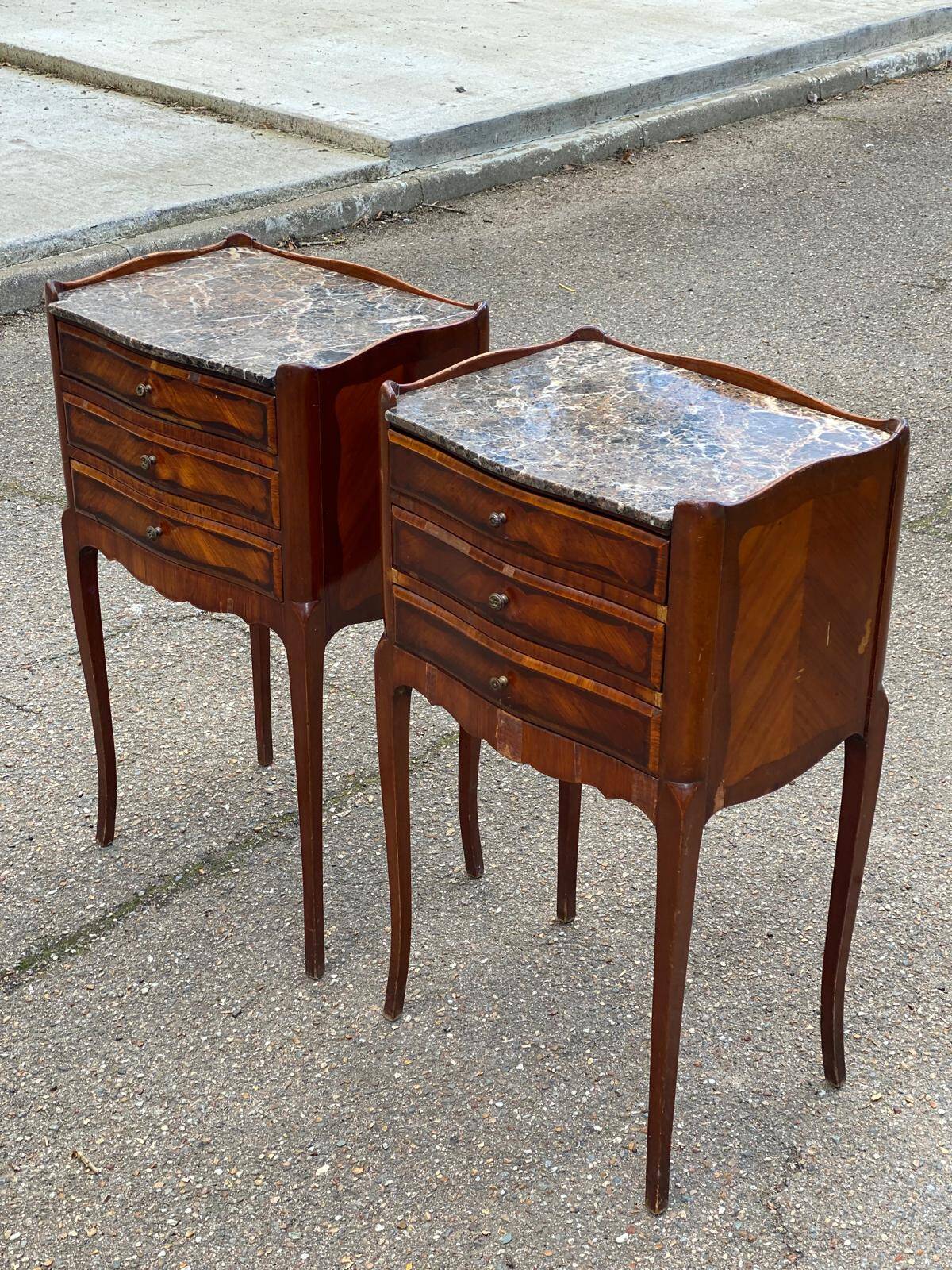 Pair of Louis XV bedside tables, early 20th century, marquetry and marble