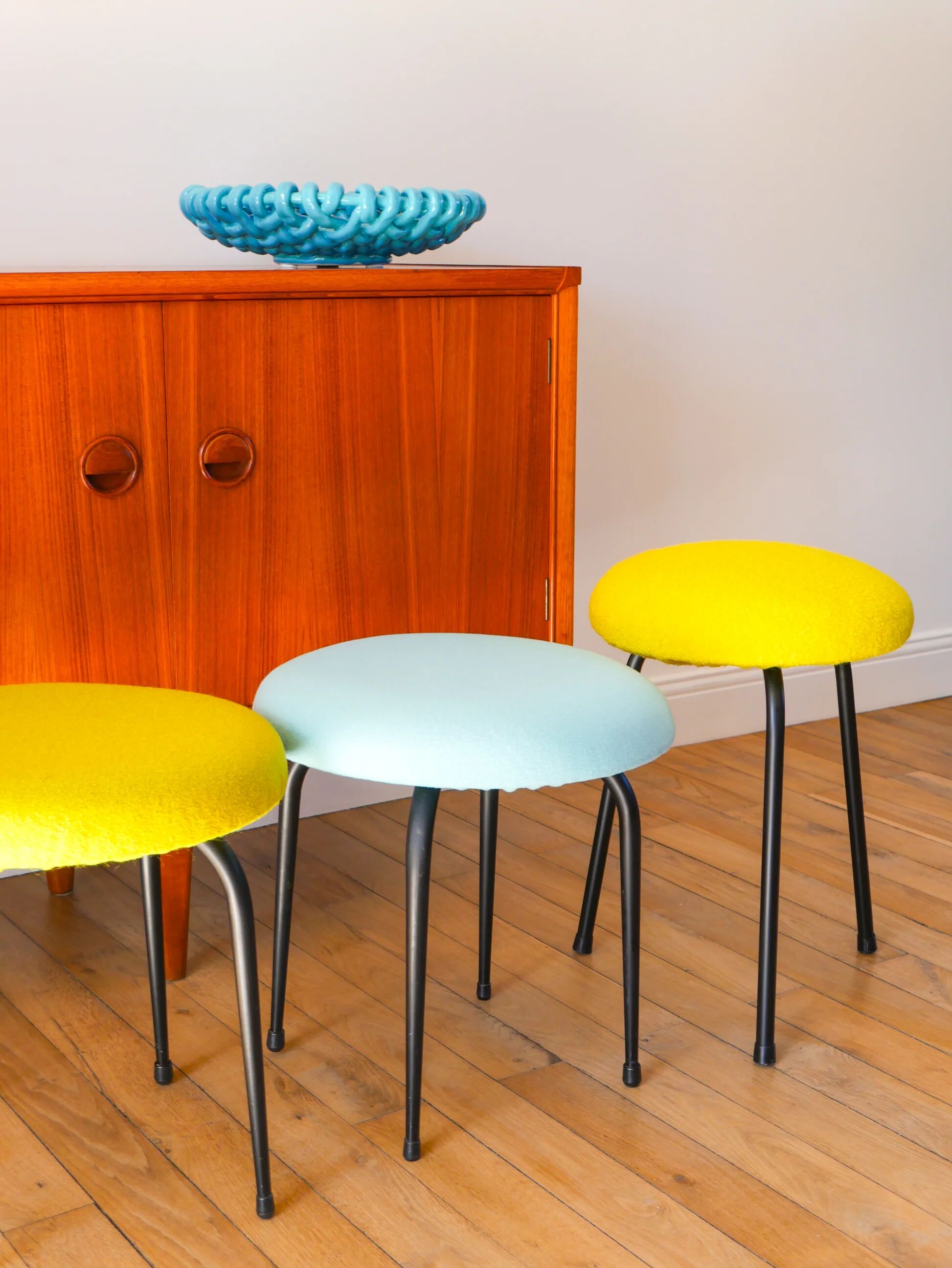 Black iron stool and boiled wool, turquoise blue, 1960