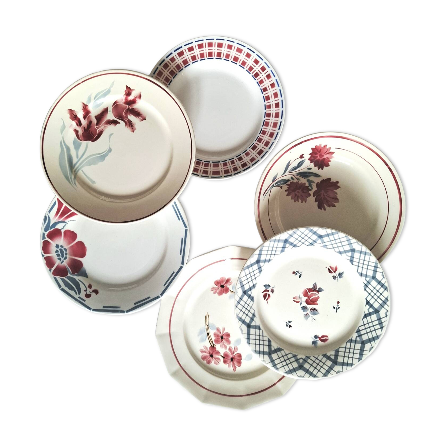 Mismatched antique earthenware dinner plates