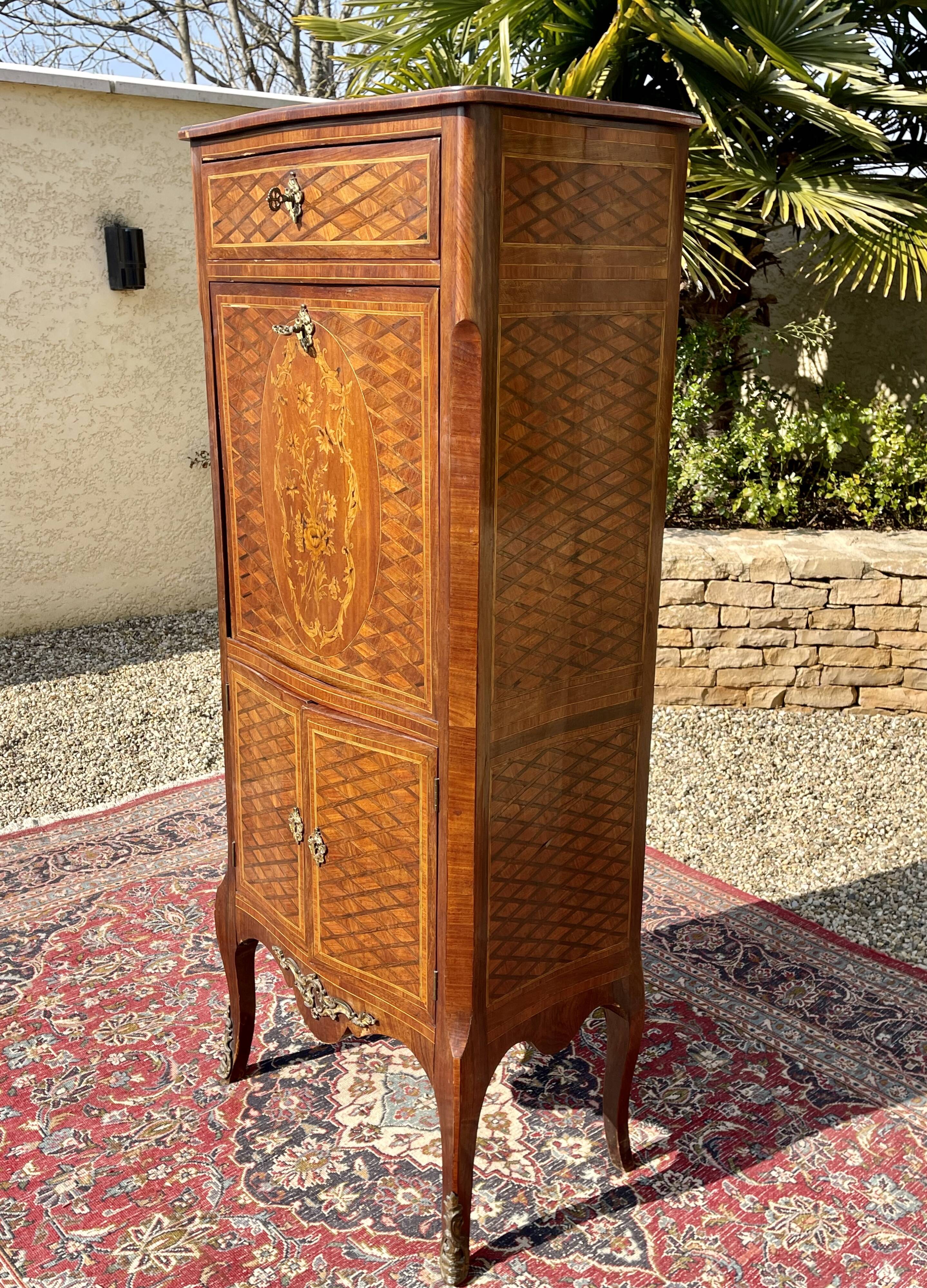 Small secretary in Marquetry of Losanges and Bronze
