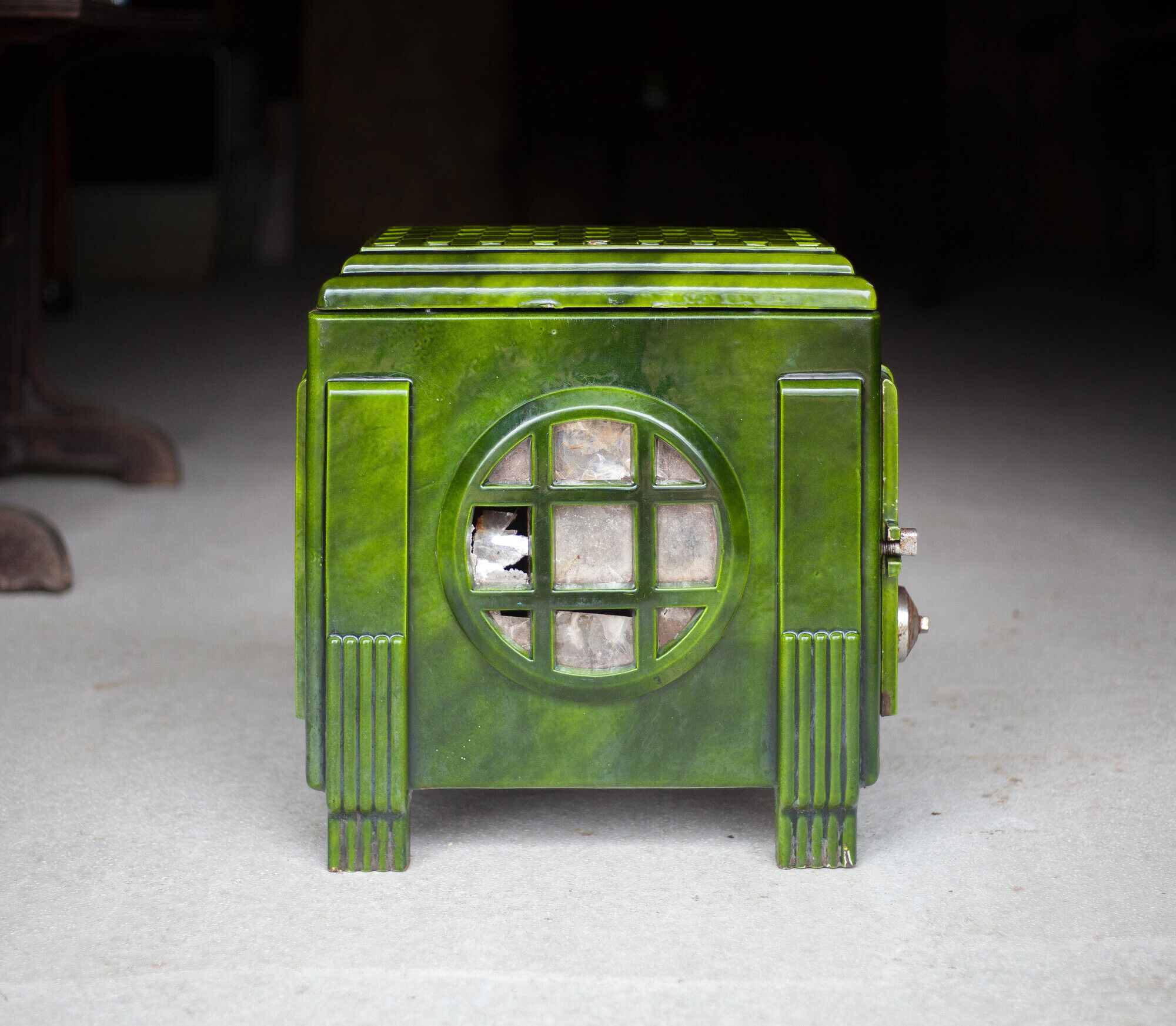 Art deco wood stove, green enamelled wood stove, interior decoration