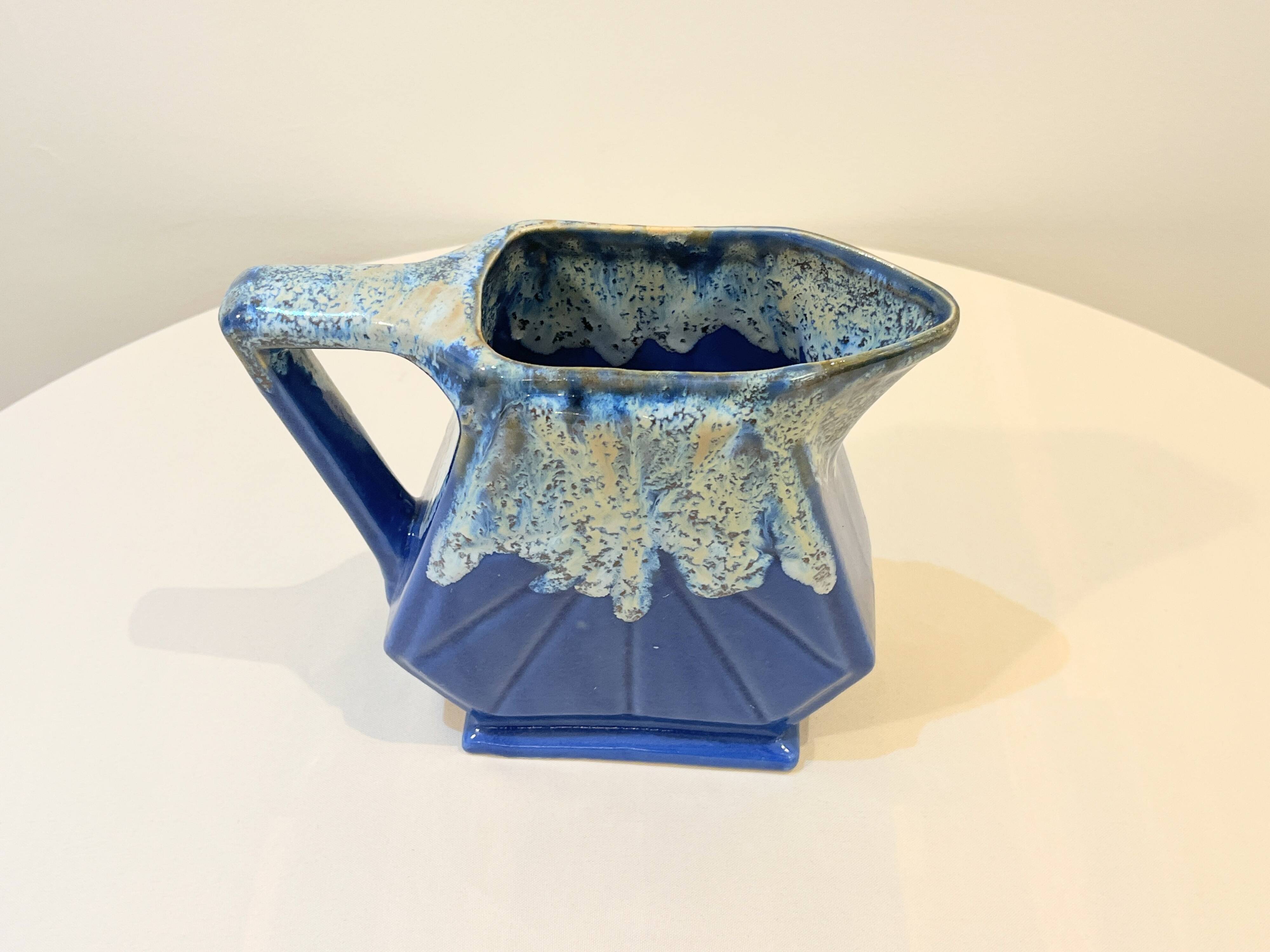Large vintage art deco pitcher alpho in fat lava blue ceramic vase signed