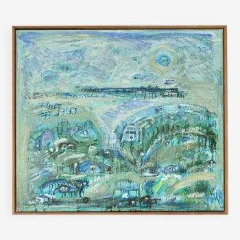 Abstract impressionism painting - Turquois Town with Animals