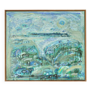 Abstract impressionism painting - Turquois Town with Animals
