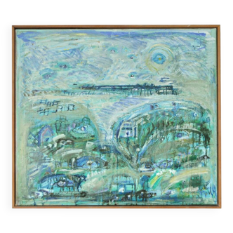 Abstract impressionism painting - Turquois Town with Animals